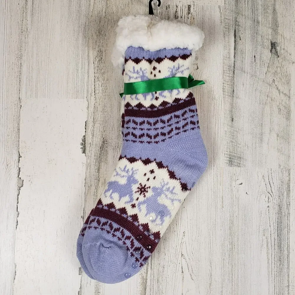 NWT Mari Clare Sherpa Lined Knit Winter Reindeer Design No-Slip Slipper Socks